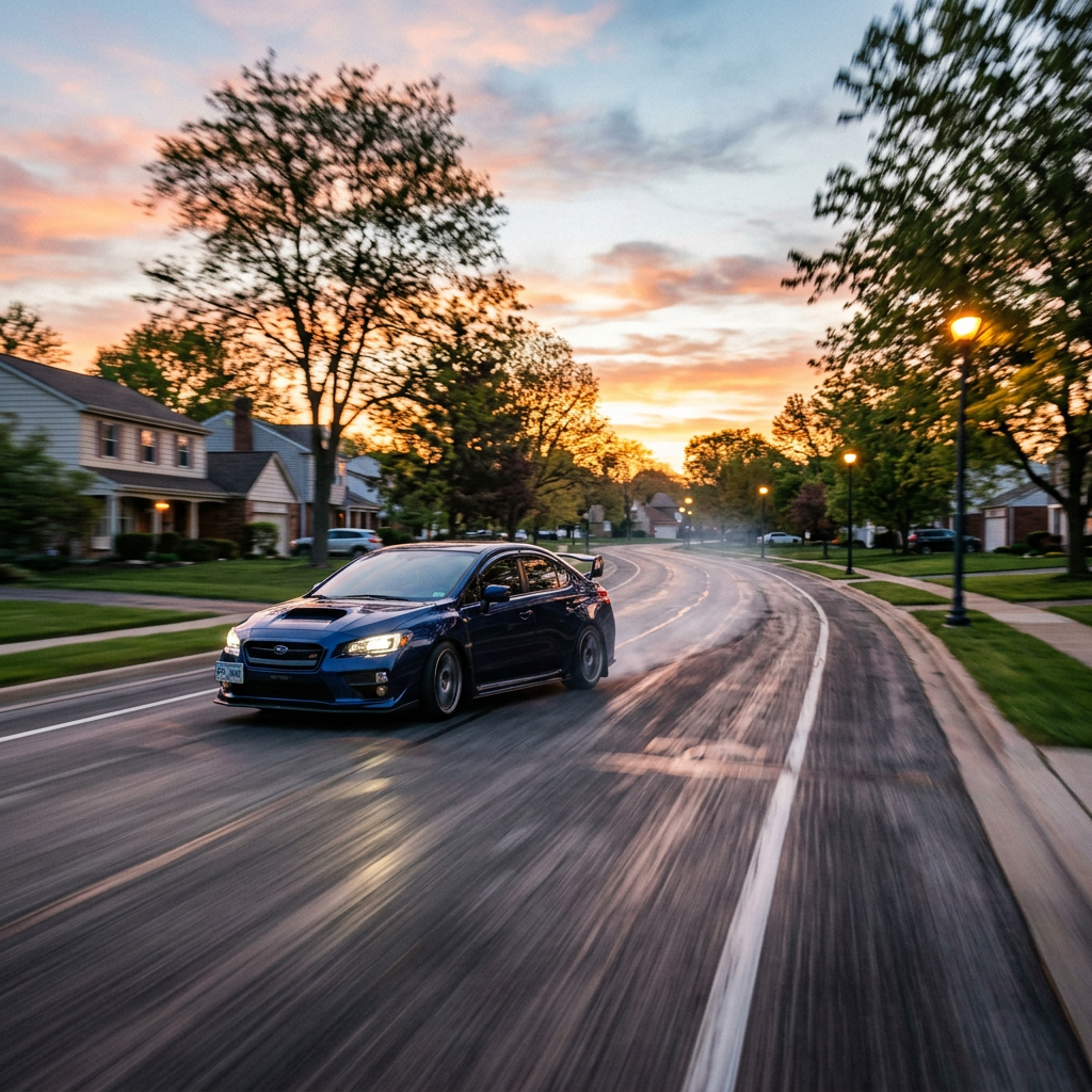 Blue sports car drifting on a suburban street at sunset with tire smoke