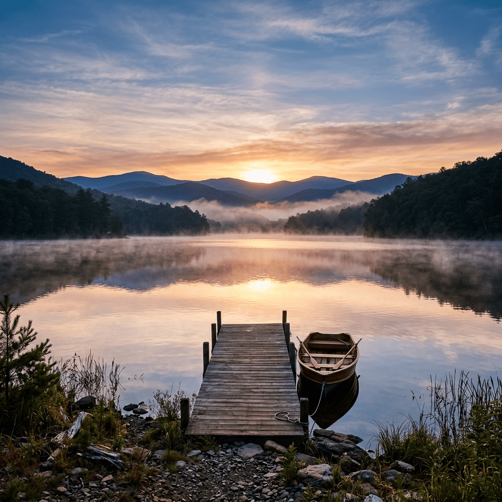 Calm lake at sunrise with mist, dock, and boat by forested mountains