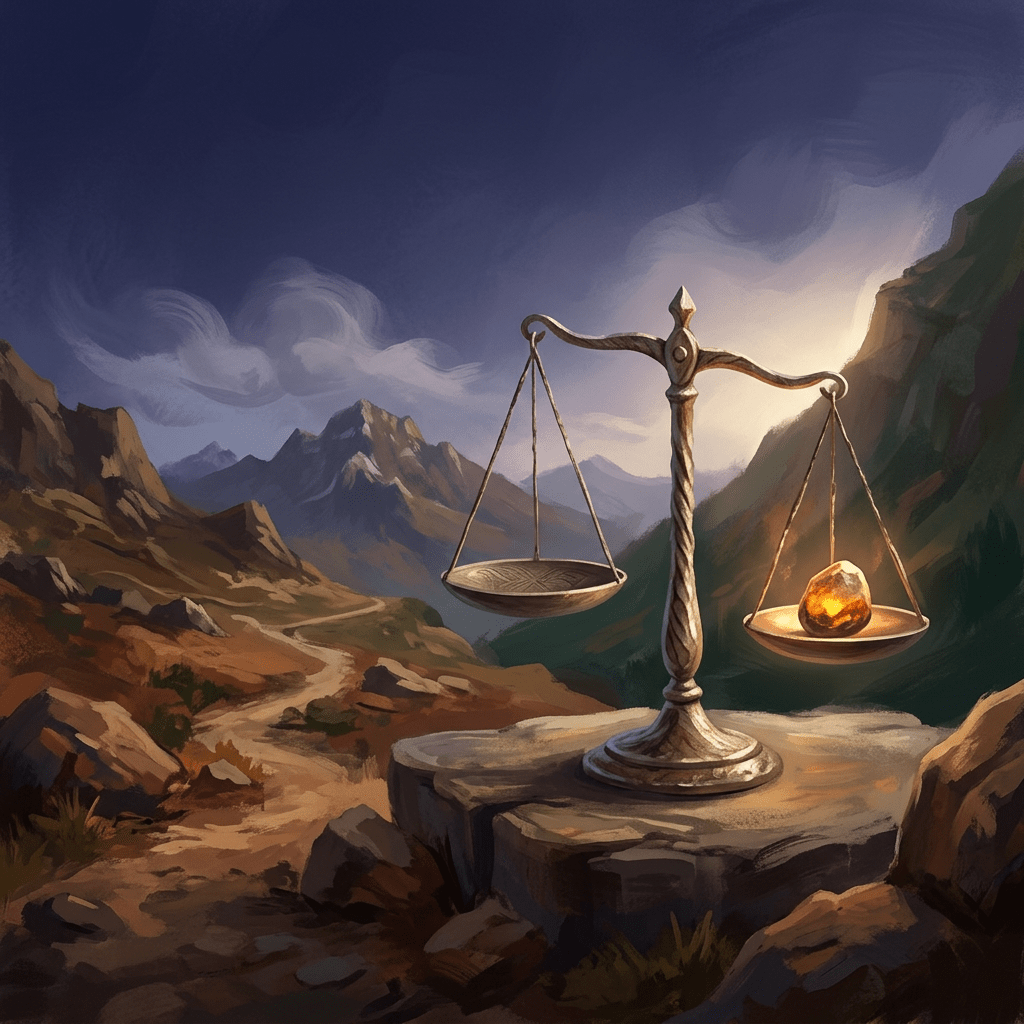 Balance scale with a glowing stone overlooking a mountain valley