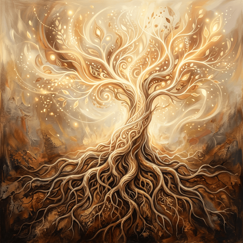 Luminous tree with sprawling roots and swirling branches filled with leaves and light