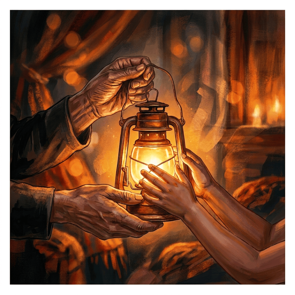 Older and younger hands exchanging a glowing lantern