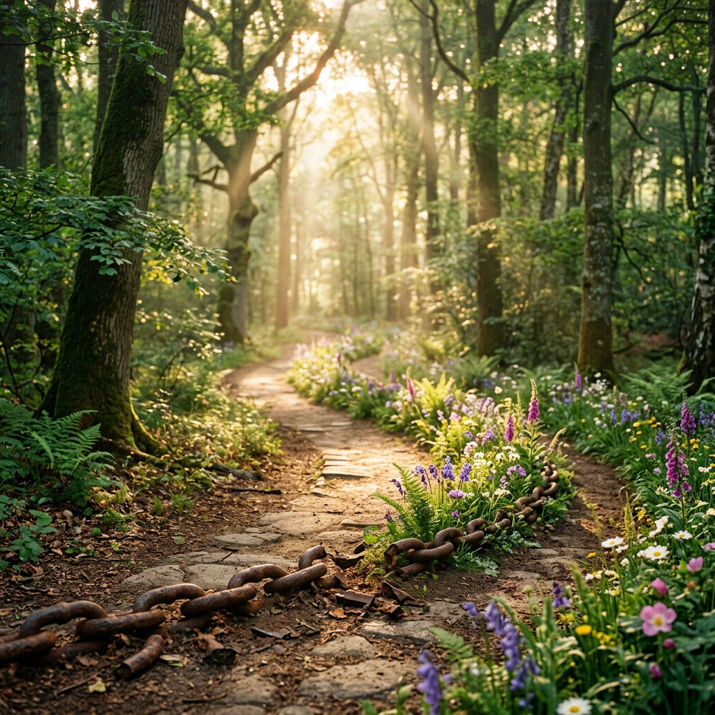 Sunlit forest path lined with colorful wildflowers and a rusted chain