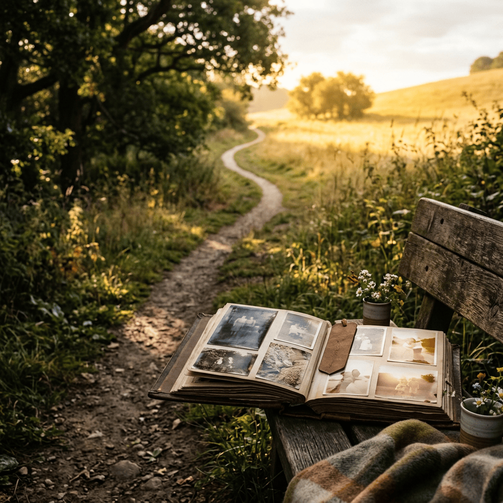 Open photo album on a bench beside a sunlit countryside path