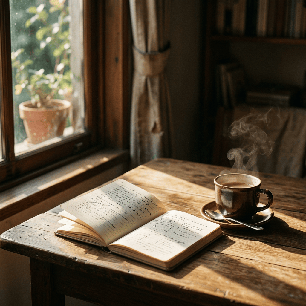 Open handwritten journal and steaming coffee on a wooden table