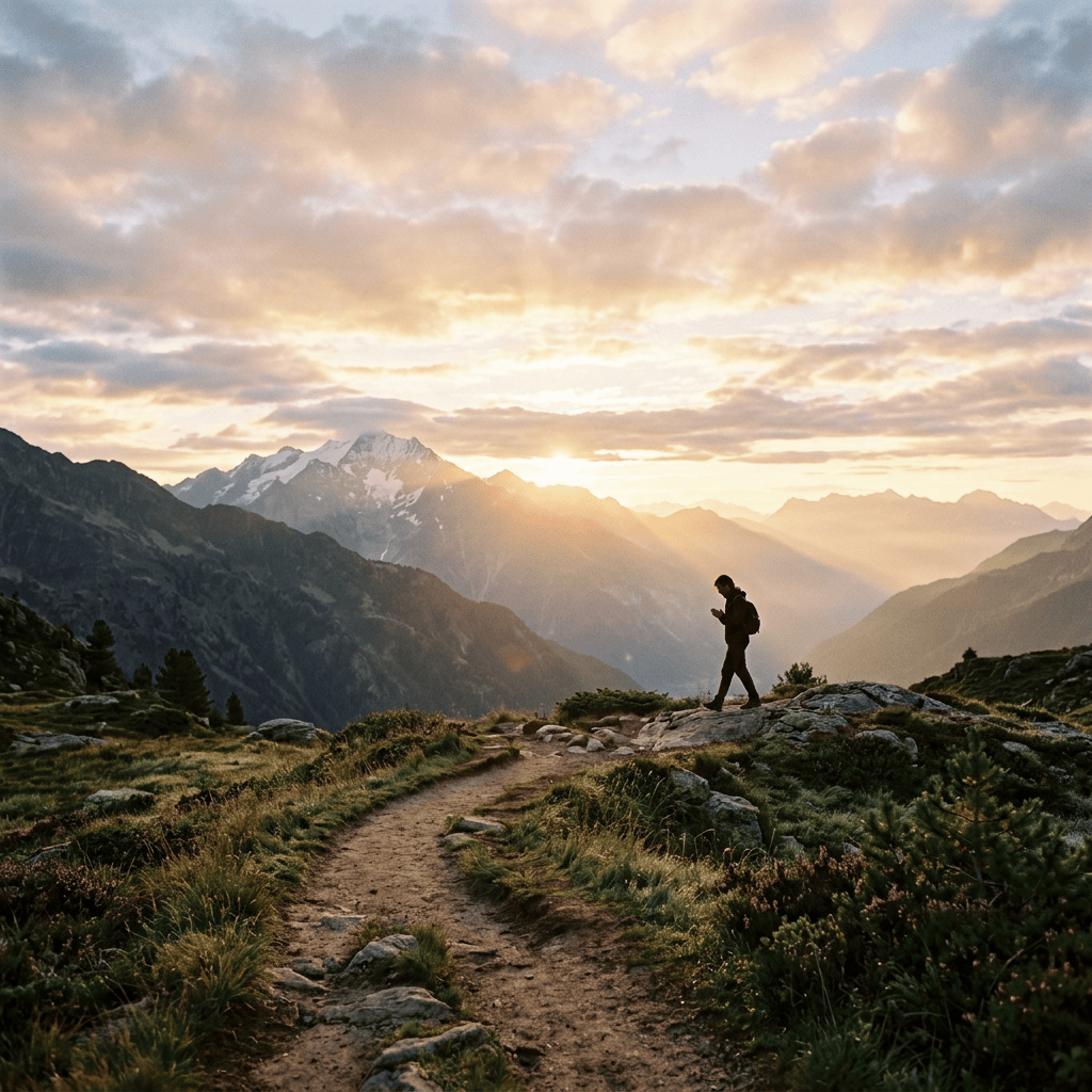 Lone hiker walking a rocky alpine trail beneath snowy mountains at sunset