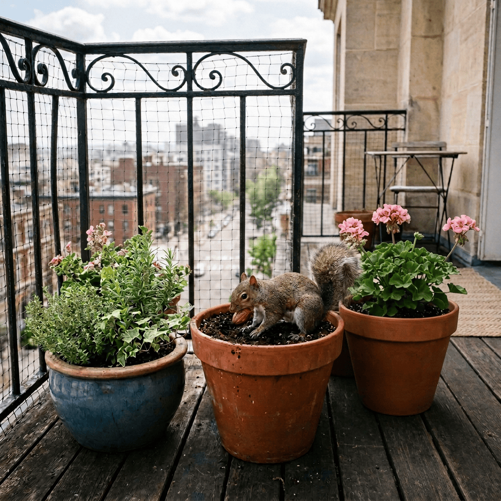 Squirrel sitting in a flowerpot on a plant-filled balcony