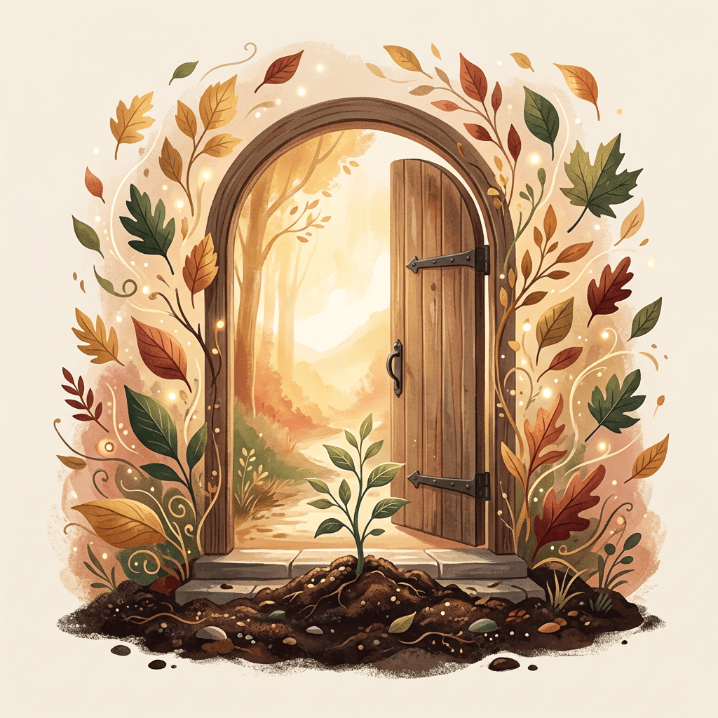 Open wooden door revealing a sunlit landscape, framed by autumn leaves and a young plant