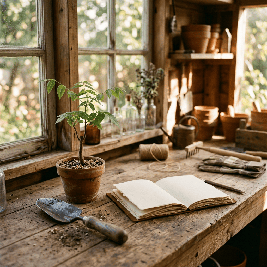 Potted young plant, gardening tools, and open notebook on wooden workbench