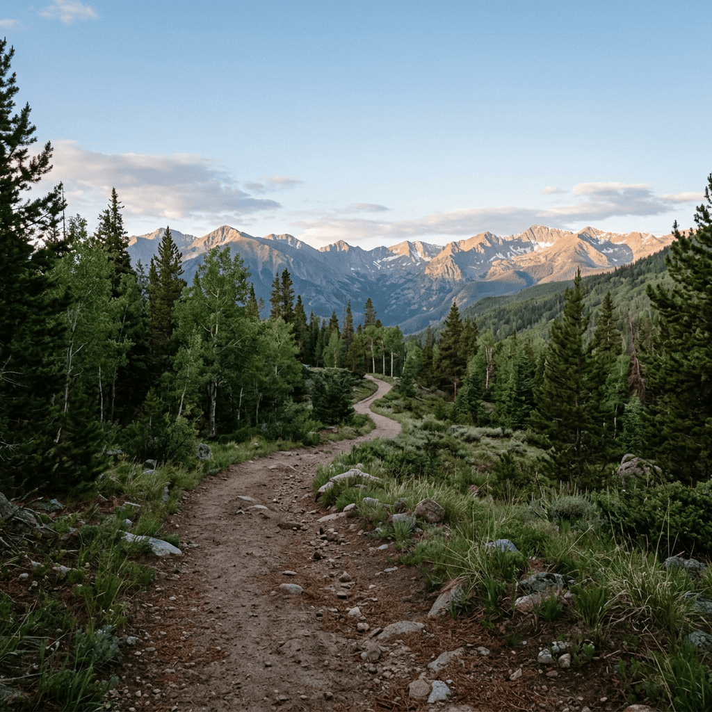 Rocky forest trail leading toward a snow-capped mountain range