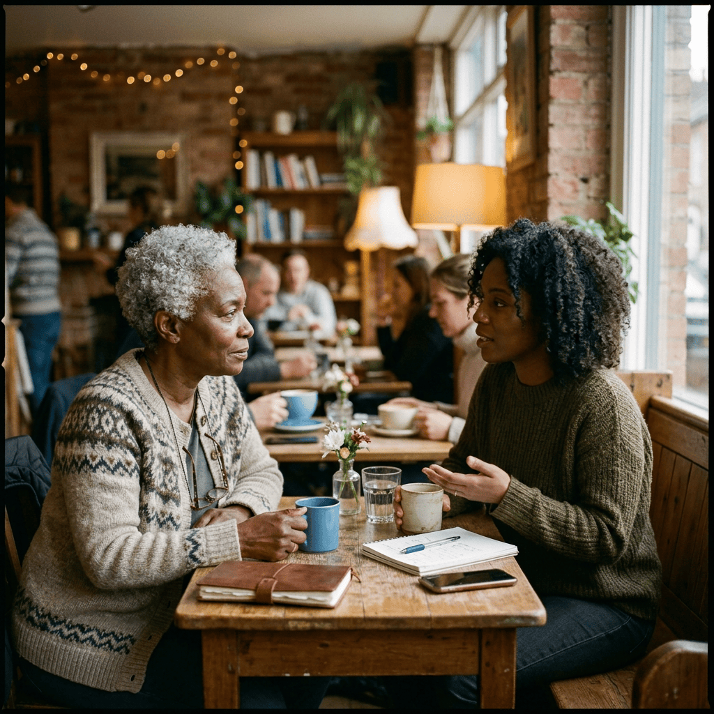 Two women talking over coffee at a cozy café table