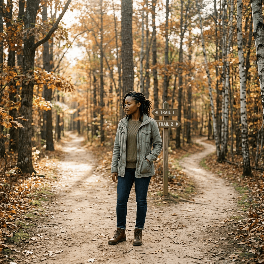 Hiker standing at a forest trail junction beside Trail 1 and Trail 2 signs