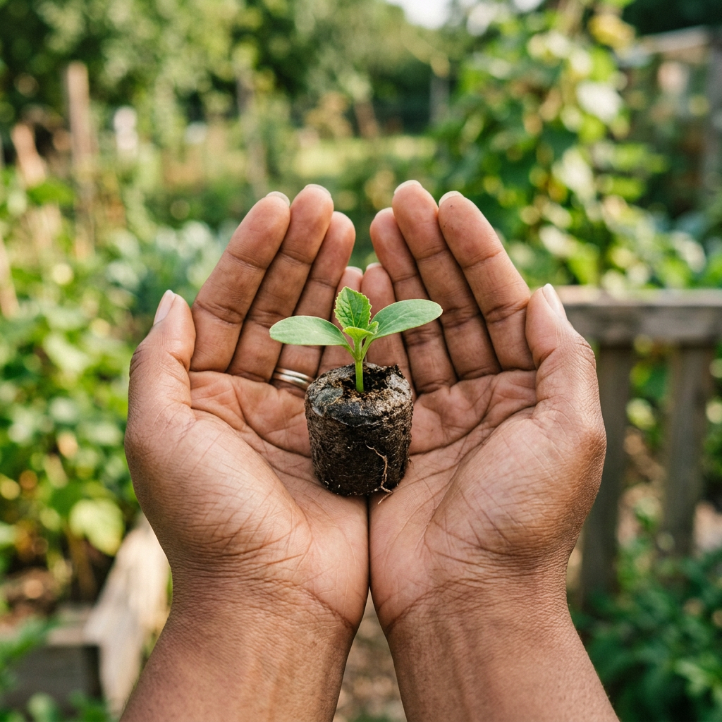 Pair of hands holding assorted seeds in a garden