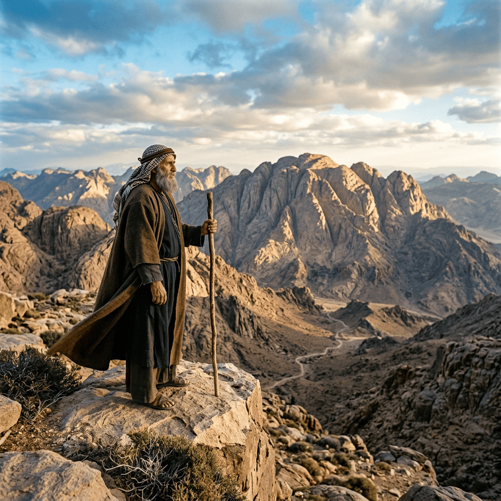 A robed traveler holding a staff overlooks rugged mountain peaks