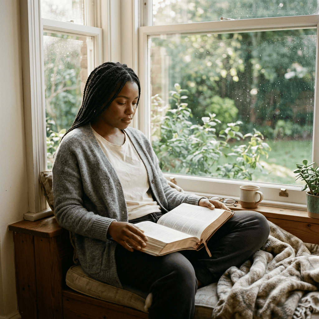 Woman reading an open book on a window seat beside a garden