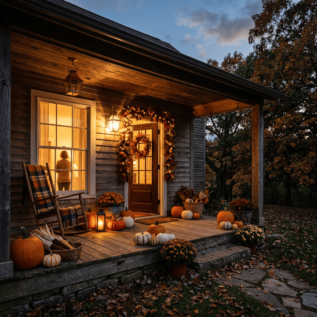 Cozy wooden porch decorated with pumpkins, flowers, and autumn wreaths