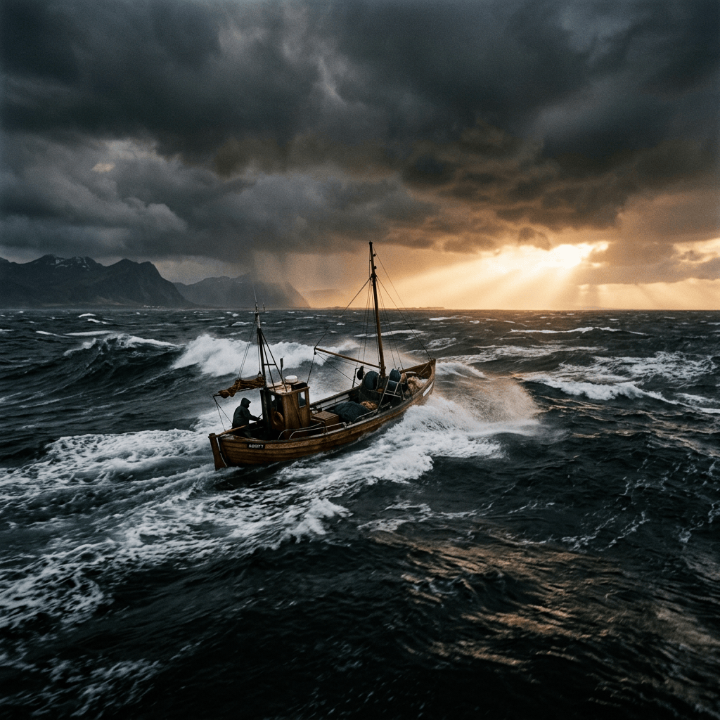 Small fishing boat navigating rough waves beneath storm clouds