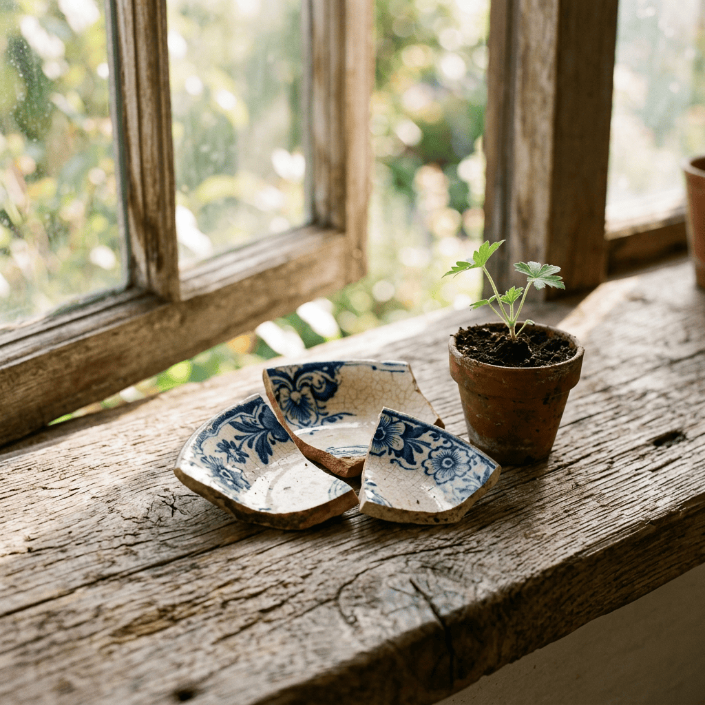Young plant beside broken blue-and-white pottery on a wooden windowsill