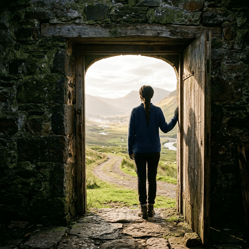 Person standing in a stone doorway overlooking a mountain valley