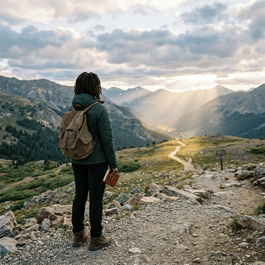 Hiker with backpack standing on a rocky mountain trail overlooking a sunlit valley