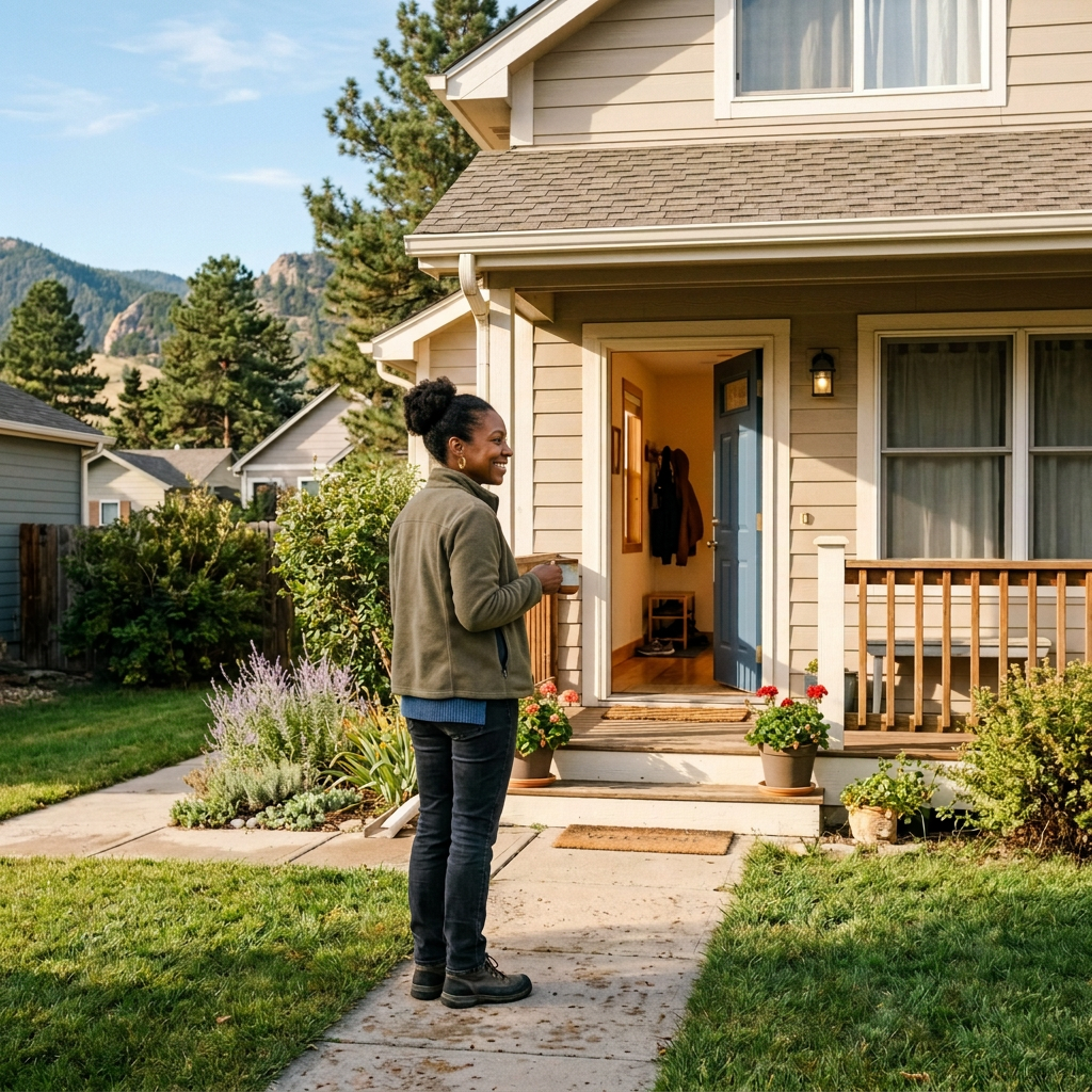 African American woman facing open home entrance