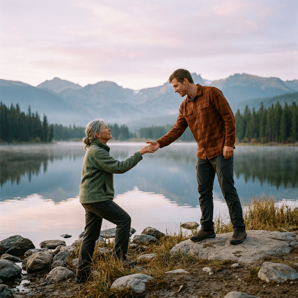 Two hikers shake hands beside a mountain lake