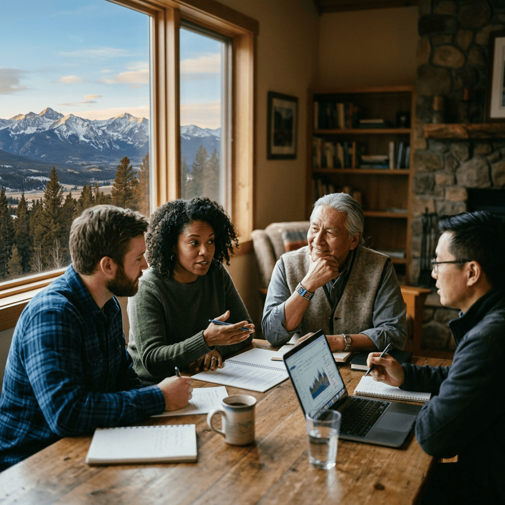 Four colleagues collaborating around a table with mountain views outside