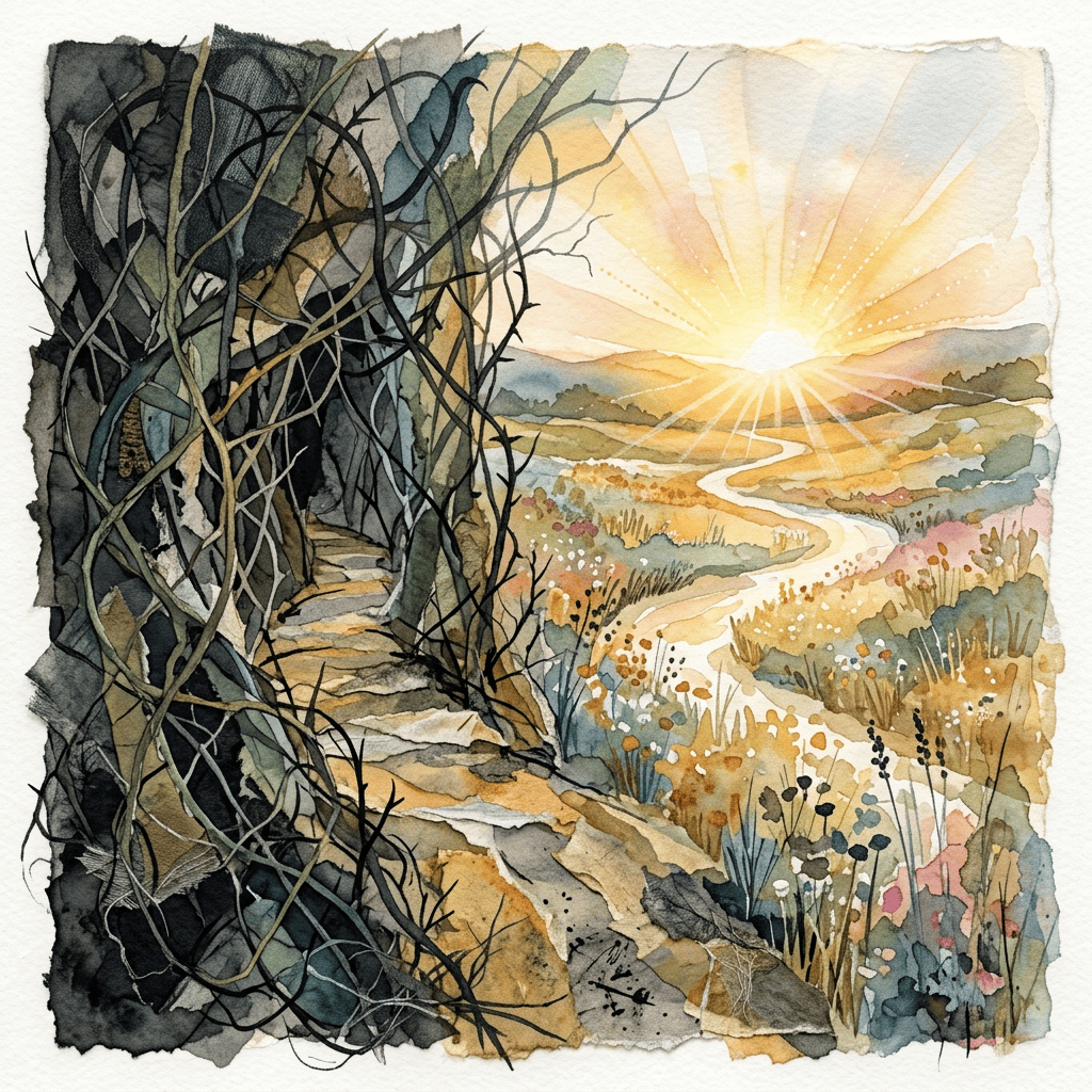 Watercolor path leading from a dark tangled thicket toward a bright sunrise meadow