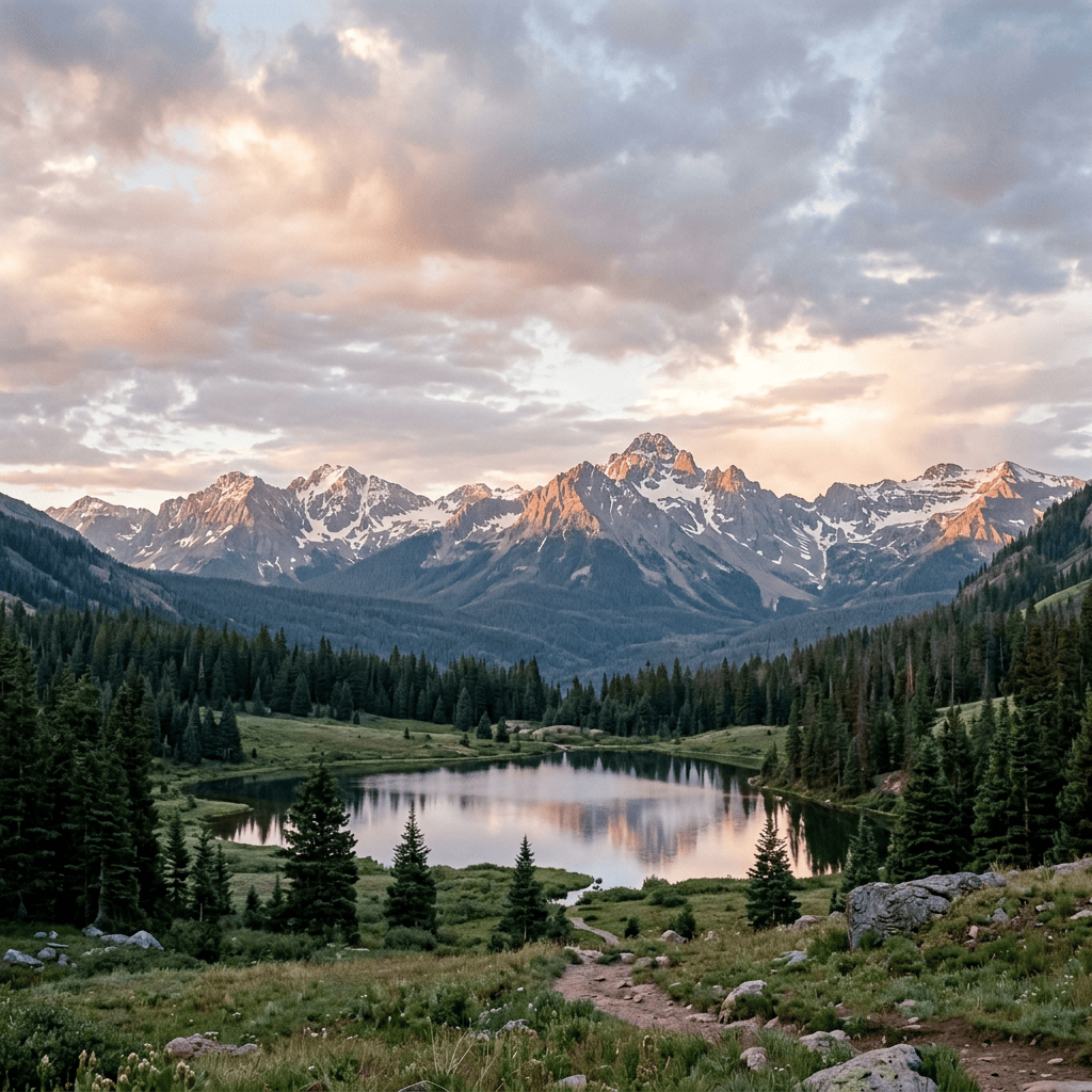 Alpine lake reflecting snow-capped mountains beneath a cloudy sunset sky