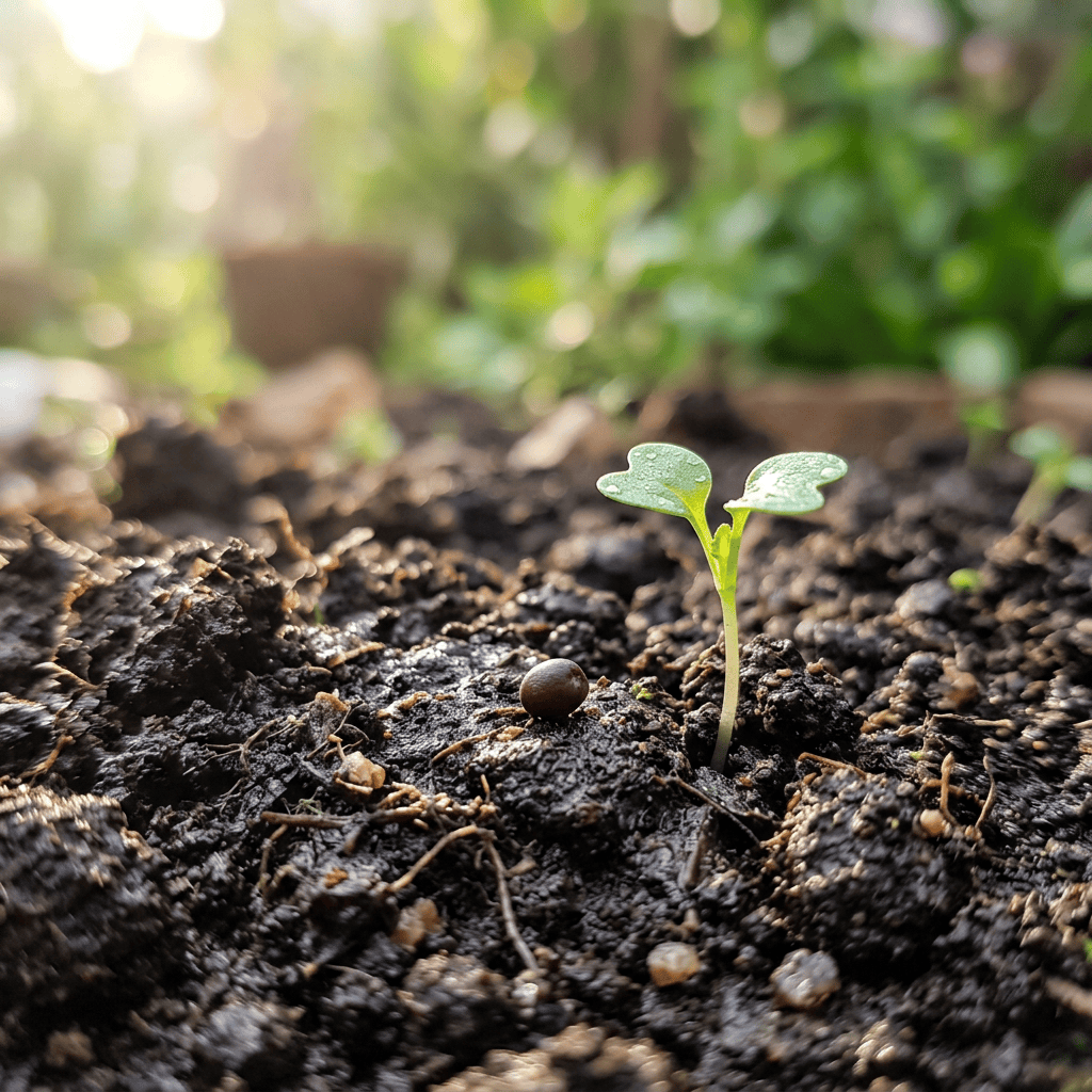 Young green seedling emerging from dark soil