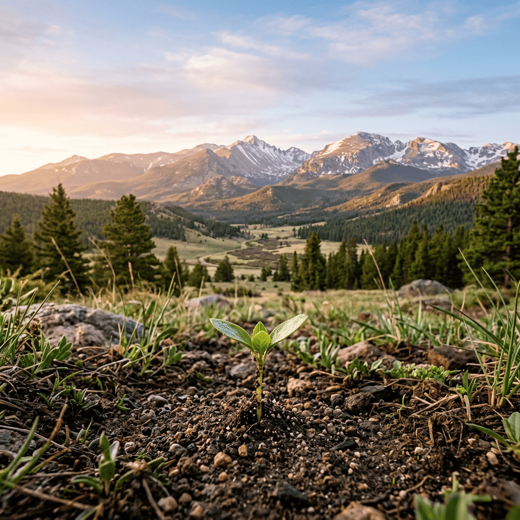 Young seedling growing in soil before a mountain valley