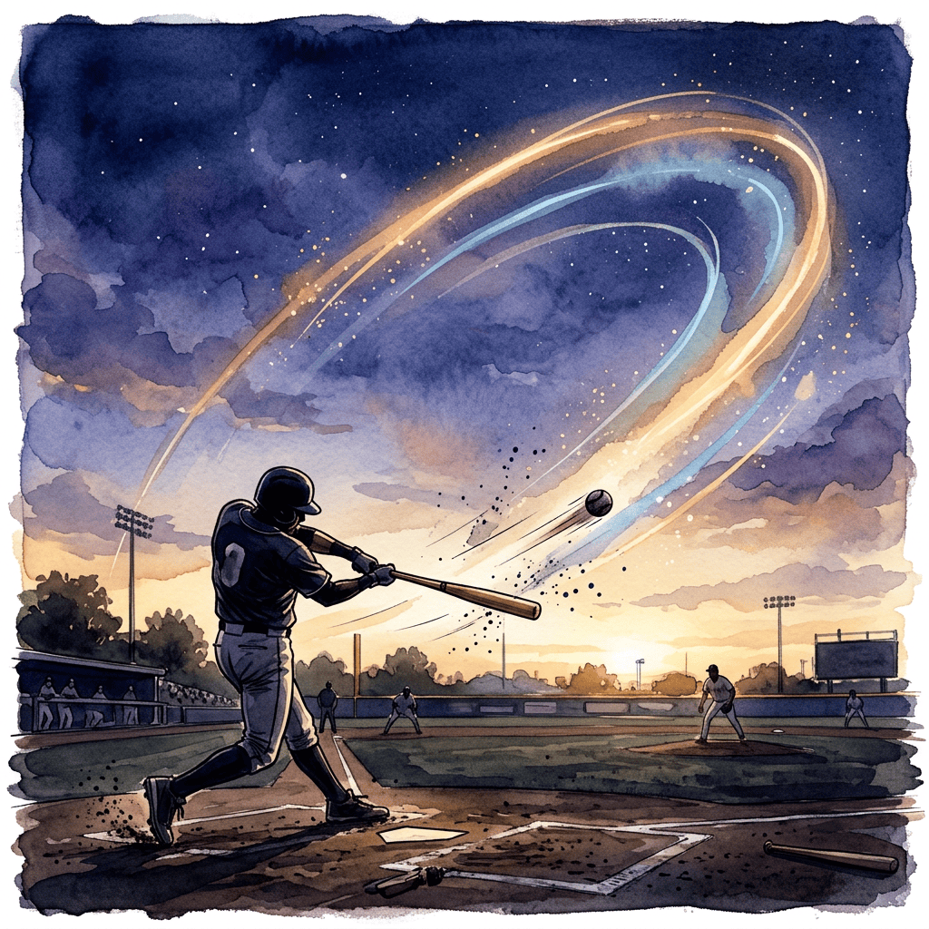 Baseball player swinging at a pitch beneath a starry sunset sky