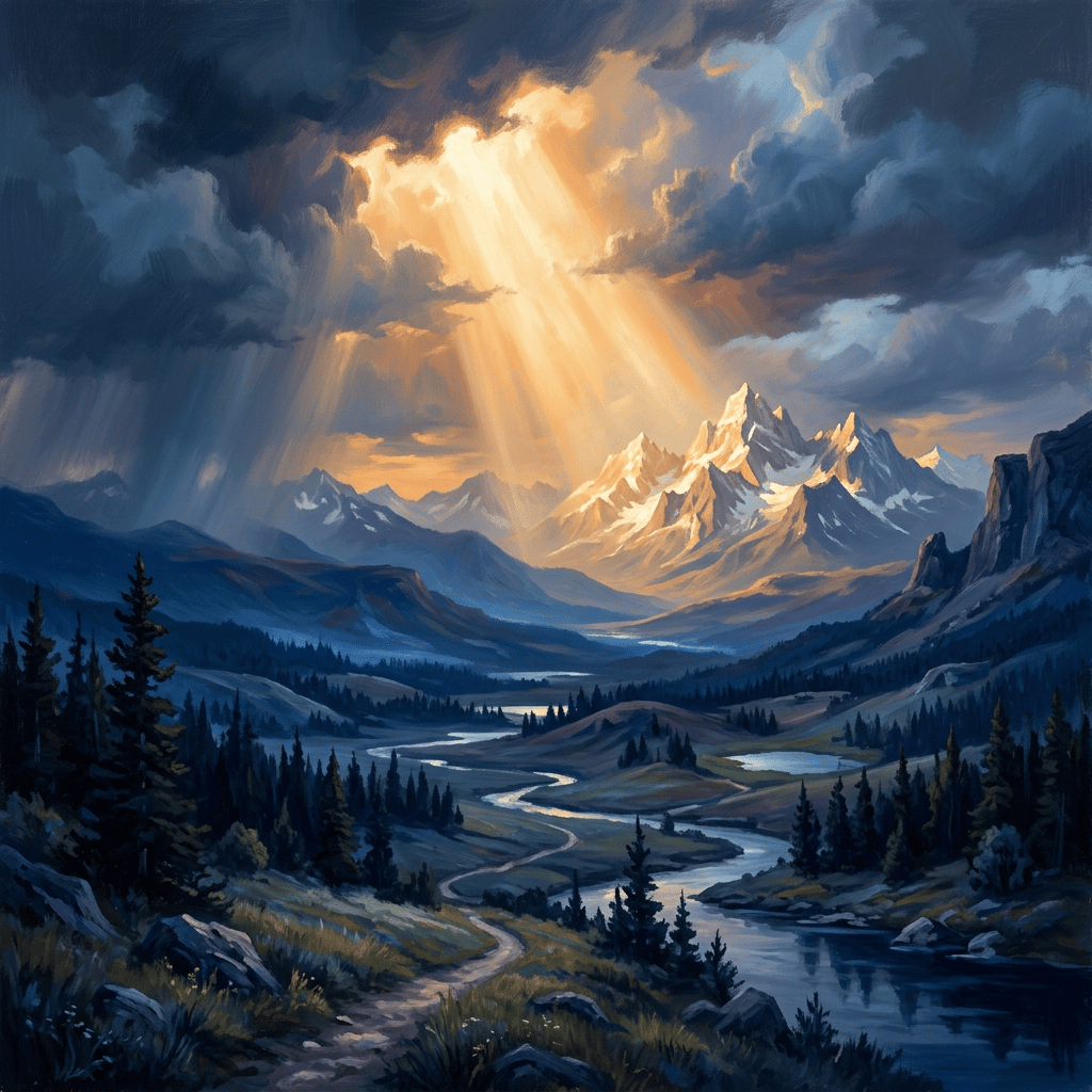 Snow-capped mountains and winding rivers beneath dramatic sunlit storm clouds