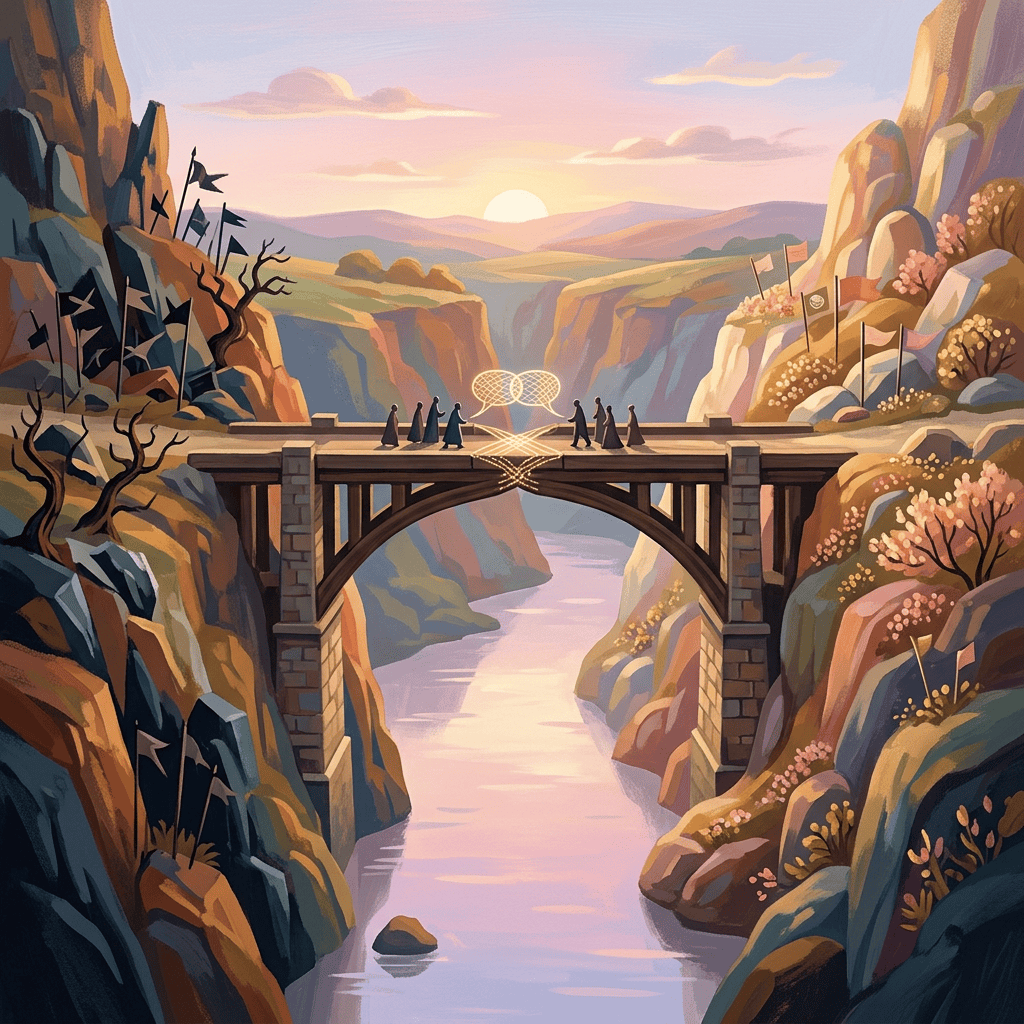 Figures crossing a bridge above a canyon river at sunset