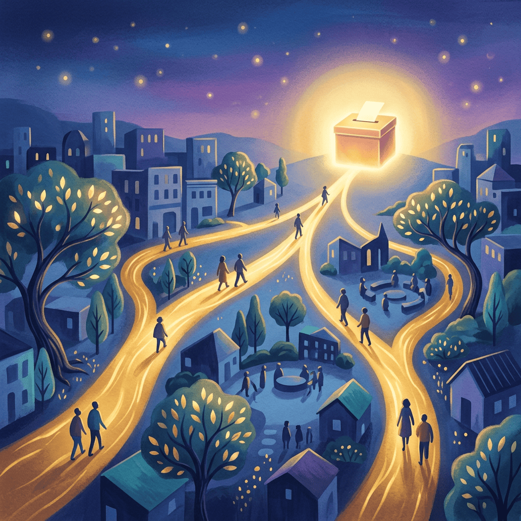 Illustrated city with people following glowing paths toward a ballot box