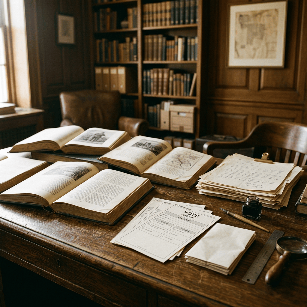 Open books and handwritten notes beside a paper marked “VOTE”