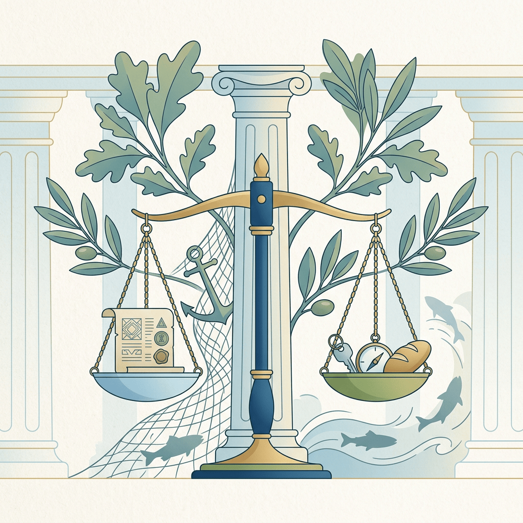 Illustrated balance scale with justice symbols, plants, fish, and maritime objects