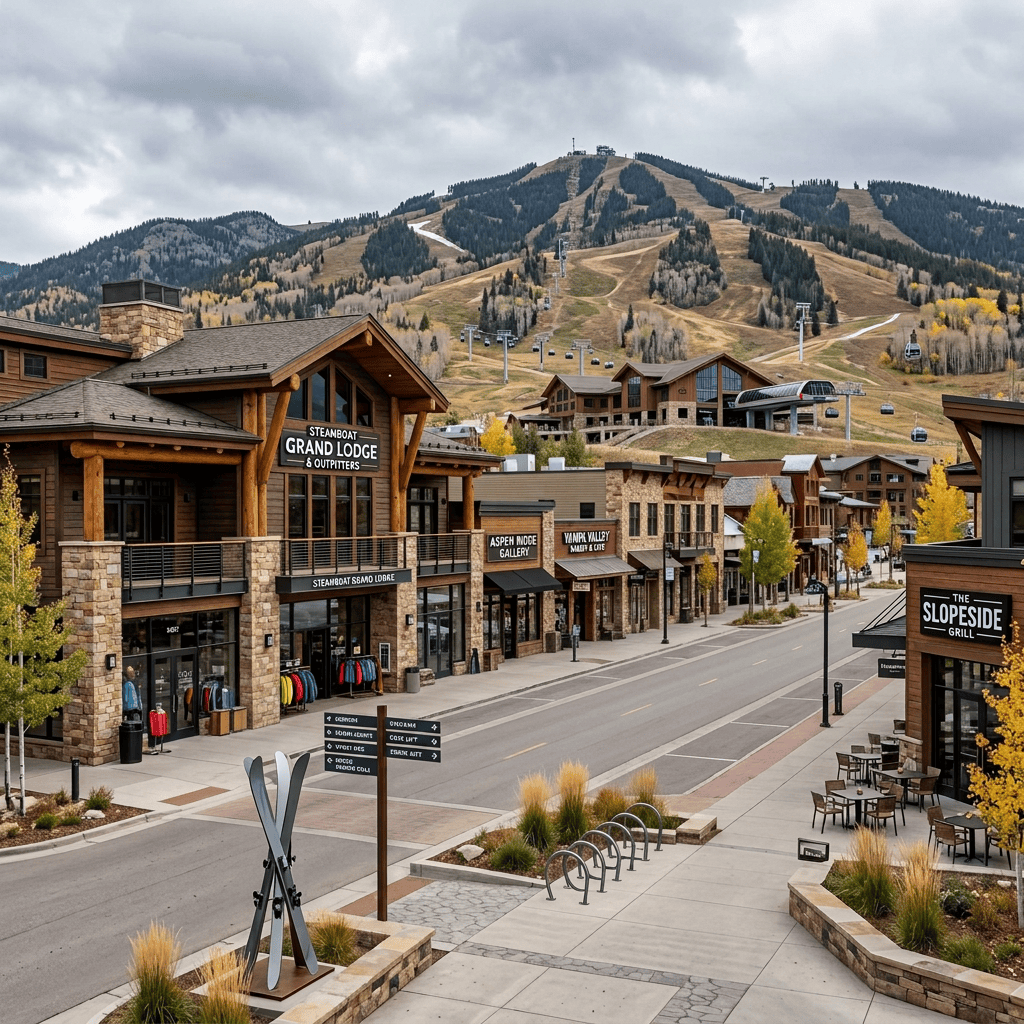 Steamboat Grand Lodge shopping district beneath ski slopes, with gondola and autumn trees
