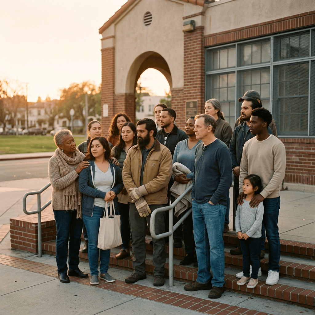 Diverse group of adults and children gathered outside a brick building