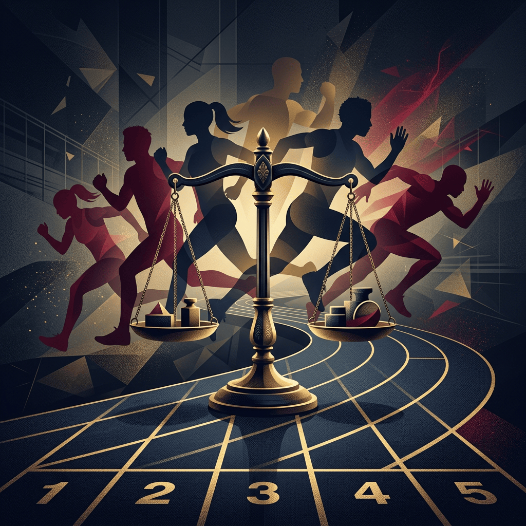 Balance scale on a running track surrounded by diverse athletes