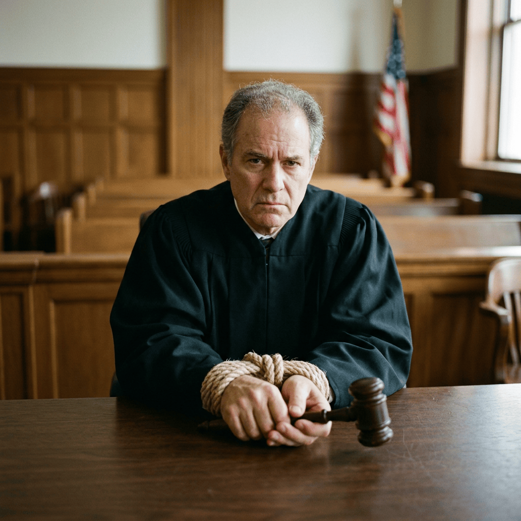 Judge in black robes bound with rope while holding a gavel